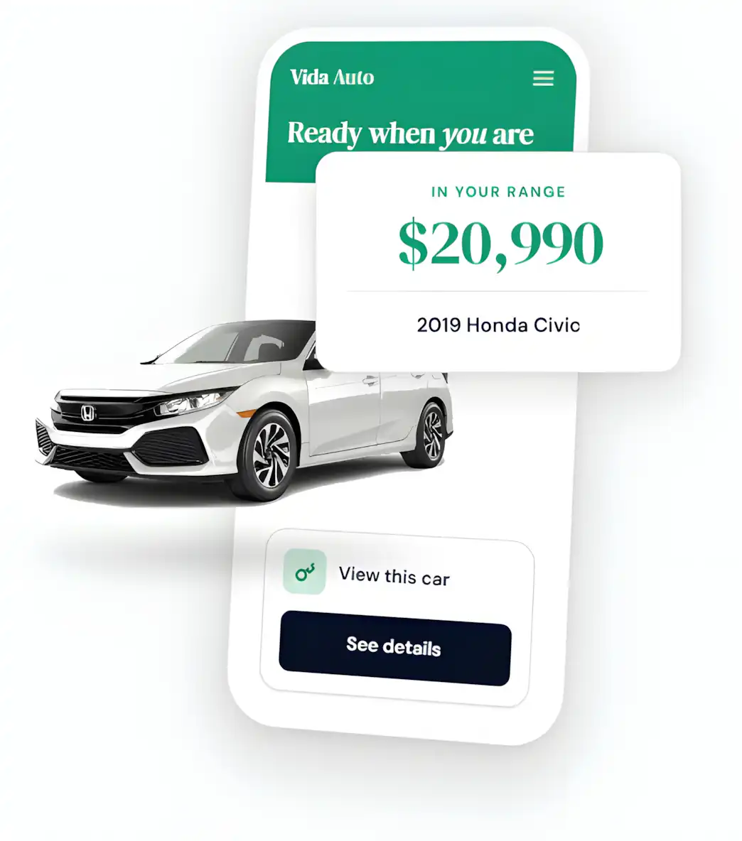 The Vida Auto experience on a phone, showing a vehicle within the shopper's budget