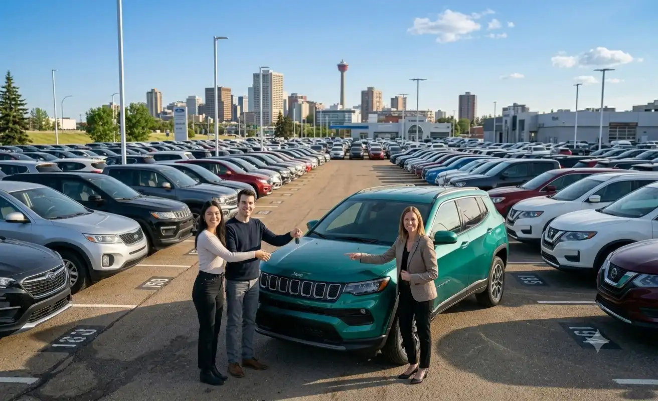 Customers receiving the keys to a new SUV at a dealer lot in Calgary